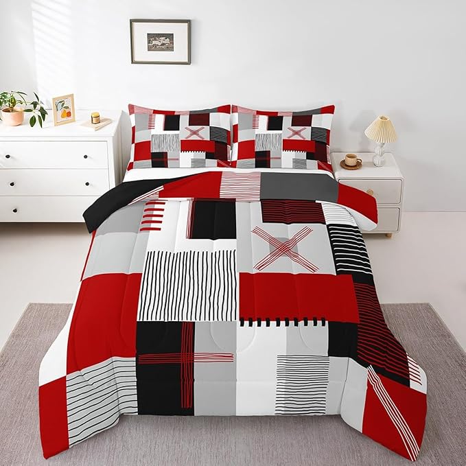 Erosebridal Red Grey Comforter Set King for Kids Boys Teen Black White Abstract Bedding Set Modern Fashion Room Decor Geometric Square Quilt Grids Checkered Duvet Insert 3 Pcs