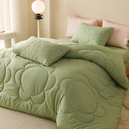 CLOTHKNOW Green Twin/Twin XL Comforter Set 3Pcs Daisy Puff Bedding Comforter Sets Boho Floral Bedding Sets Soft Green Bed Comforter Sets Twin