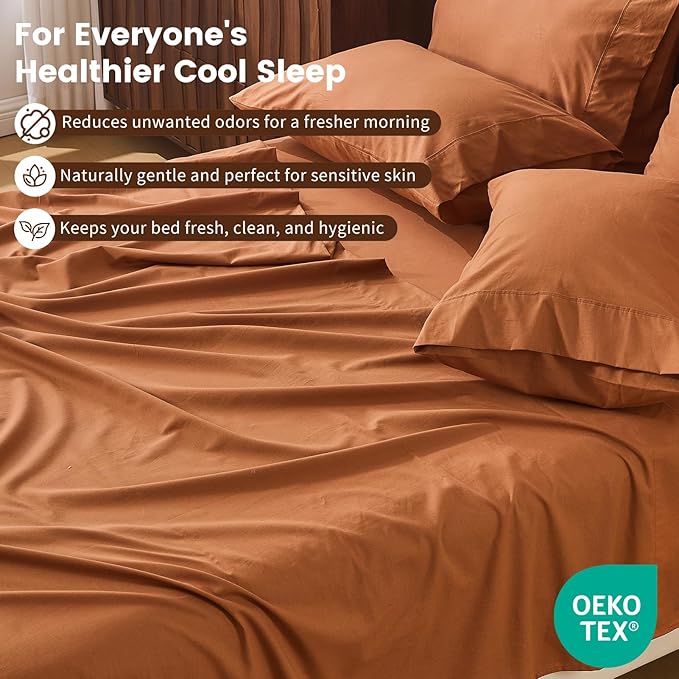 100% Linen Sheet Set King Size Extra Deep Pocket Fits 18-24 Inch Mattress, Breathable & Soft, Smooth 6-Piece Set for Thick Mattresses Hotel Luxury Bedding（King, Brown）