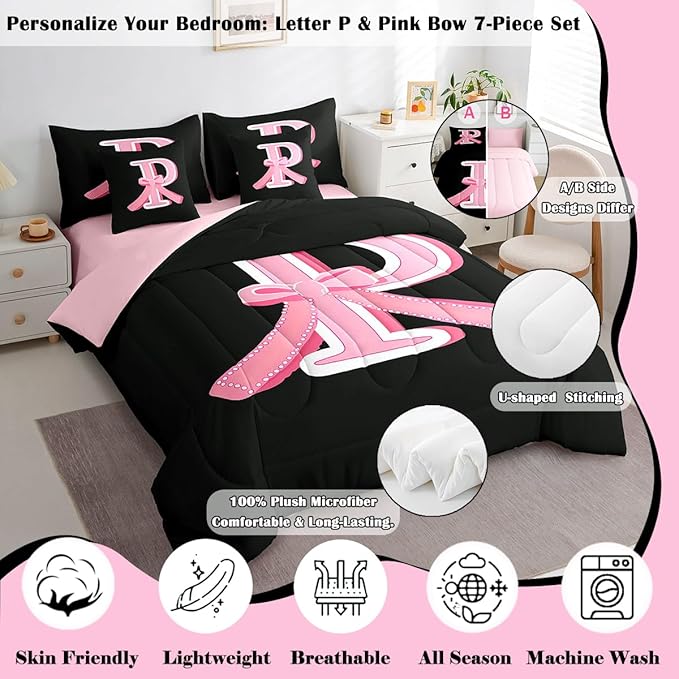 jejeloiu Kawaii Pink Bow Full Comforter Set with Sheets,Gifts for Women Teen Girl,Monogrammed 7 Piece Bedding Set,Soft Personalized Initial Letter P Bed in a Bag with Comforter,Sheets,Pillowcases
