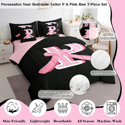jejeloiu Kawaii Pink Bow Full Comforter Set with Sheets,Gifts for Women Teen Girl,Monogrammed 7 Piece Bedding Set,Soft Personalized Initial Letter P Bed in a Bag with Comforter,Sheets,Pillowcases