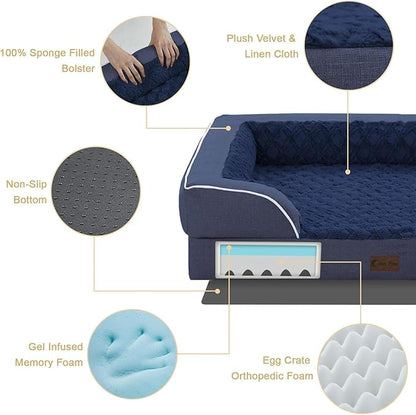 Orthopedic Dog Beds for Large Sized Dogs, Waterproof Memory Foam Large Pet Bed with Sides 36x27Inch, Non-Slip and Egg-Crate Foam Big Dog Couch Bed with Removable Washable Cover, Navy Blue