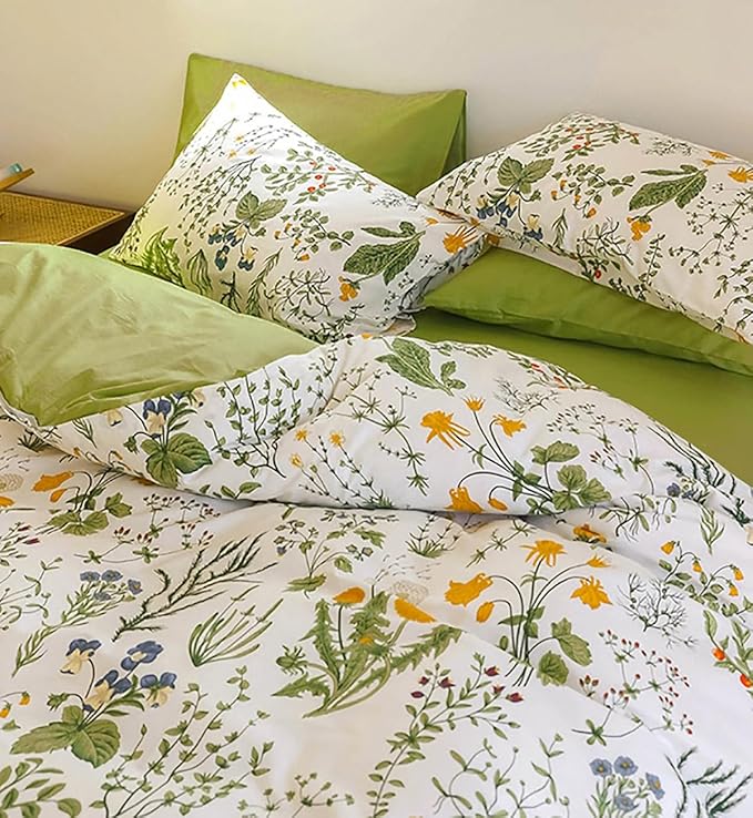 KAREVER Botanical Comforter Set King White and Sage Green Floral Plant Bedding Set Women Reversible Blanket 3 PCs Girls Breathable White Floral Bed Comforter Set