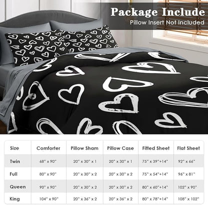 Comforter Set Queen Size, Love Cute 7 Pcs Bedding for Kids and Adults, Heart White Bed Sheet Sets with Fitted Sheet 2 Pillowcases & 2 Shams for Bedroom Bed Decor