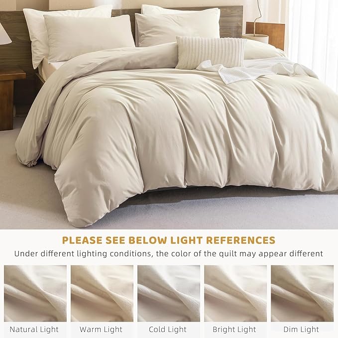 Sanracie Queen Size Comforter Set, Washed Cotton Linen Feel Bedding Comforter Sets 3 Pieces(1 Solid Wheat Colored Comforter +2 Pillowcases) Soft Lightweight Aesthetic Bedding Sets Queen All Season