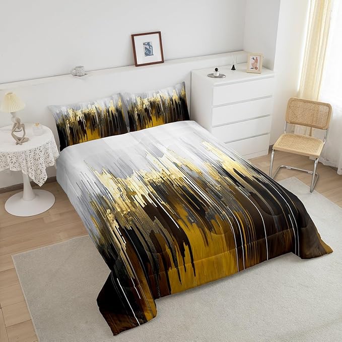 Erosebridal Abstract Graffiti Bedding Full Brown Yellow Comforter Set for Adults, Oil Painting Gradient Down Comforter Modern Artwork Bedding Comforter Sets, Ombre Brush Strokes Duvet Insert