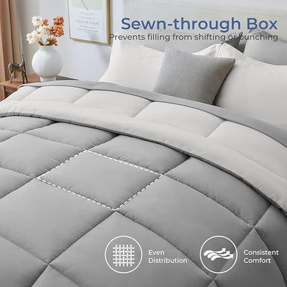 Sasttie Twin Comforter Set, 5 Pieces Reversible Bed in a Bag Twin, Complete Bedding Set Includes Comforter, Flat Sheet, Fitted Sheet, Pillowcase and Pillow Sham, Ivory & Light Grey
