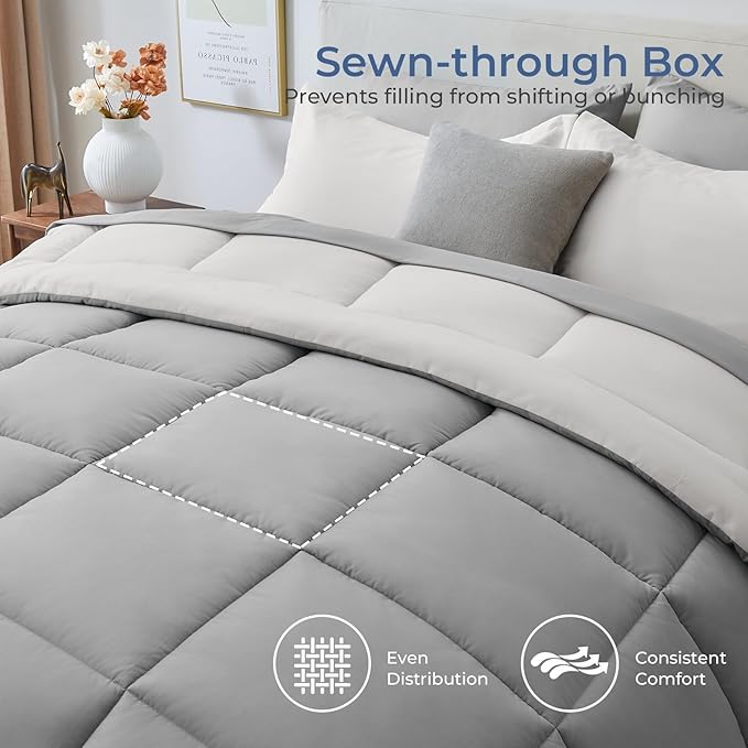 Sasttie Twin XL Comforter Set, 5 Pieces Reversible Twin XL Bed in a Bag, Complete Bedding Set Includes Comforter, Flat Sheet, Fitted Sheet, Pillowcase and Pillow Sham, Ivory & Light Grey