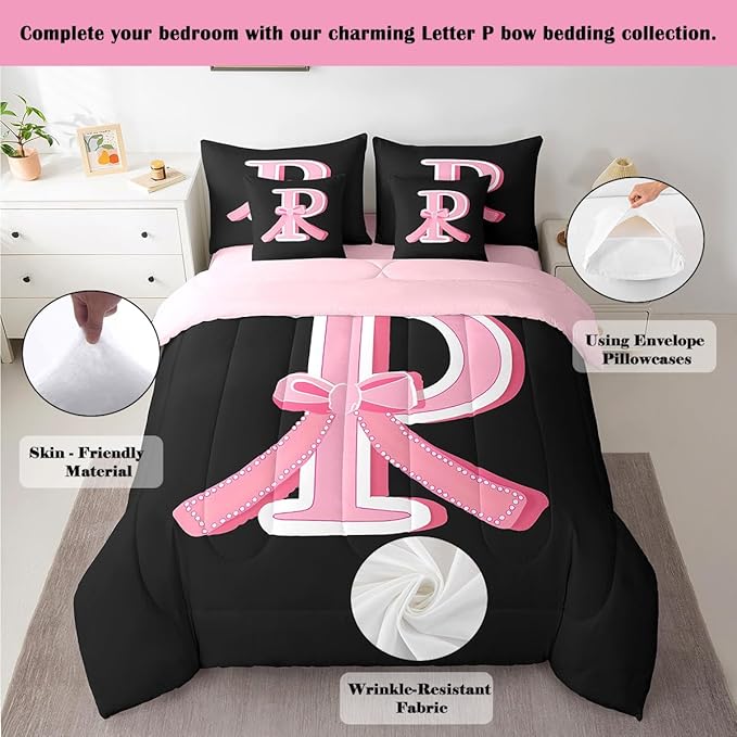 jejeloiu Kawaii Pink Bow King Comforter Set with Sheets,Gifts for Women Teen Girl,Monogrammed 7 Piece Bedding Set,Soft Personalized Initial Letter P Bed in a Bag with Comforter,Sheets,Pillowcases