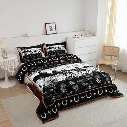 Feelyou Western Aztec Comforter Set Toddler Size Horse Cowboy Bedding Set for Boys Men Kids Teens Rustic Western Decor Country Wild West Down Comforter Black and White Duvet Set with 1 Pillowcase