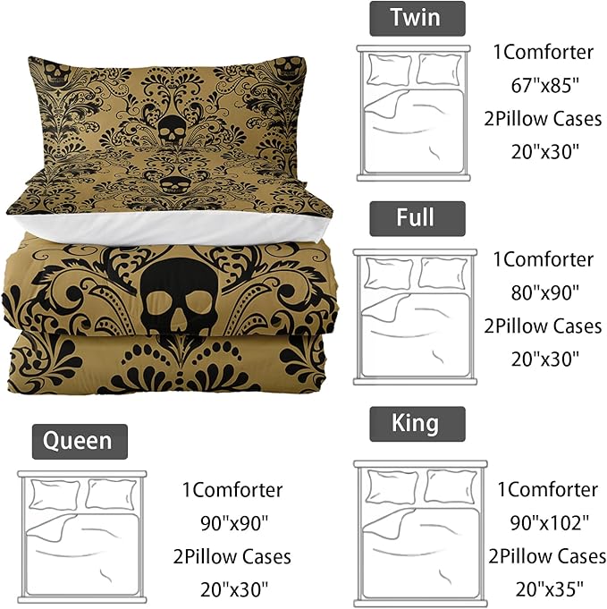 Adults Yellow Gothic Comforter Set Twin Size,Vintage Damask Floral Bedding Set 3Pcs,Bohemia Bedding Set Goth Skull Printed Quilted Set for Teens Adult with 1 Comforter and 2 Pillowcase