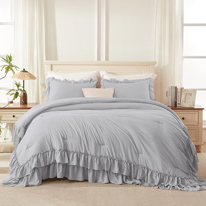 Andency Light Gray Ruffle Comforter Full Set, 3pcs Vintage Farmhouse Shabby Chic Bedding Comforter Set, Soft Lightweight Fluffy Bed Comforter Sets All Season Bedding Set