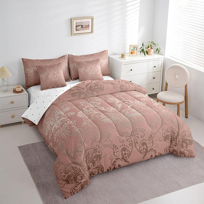 Erosebridal Gothic Damask Bed in a Bag Queen Comforter Set 7 Piece,Butterfly Skull Bedding Sets Light Pink Victorian Floral Goth Sheet Set with Comforter