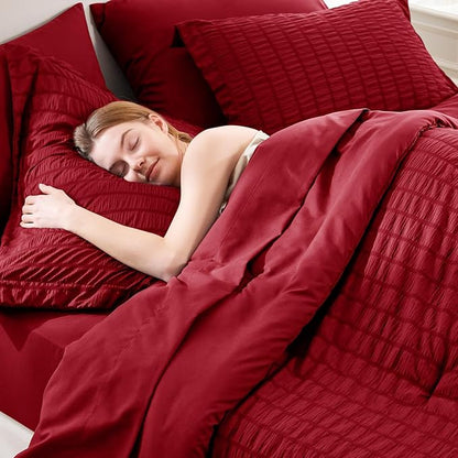 CozyLux Queen Comforter Set Dark Red Seersucker 7 Pieces Bed in a Bag Queen Comforter Set with Sheets, Luxury Soft Bedding Set with Down Alternative Comforter, Sheets, Pillowcases & Shams All Seasons