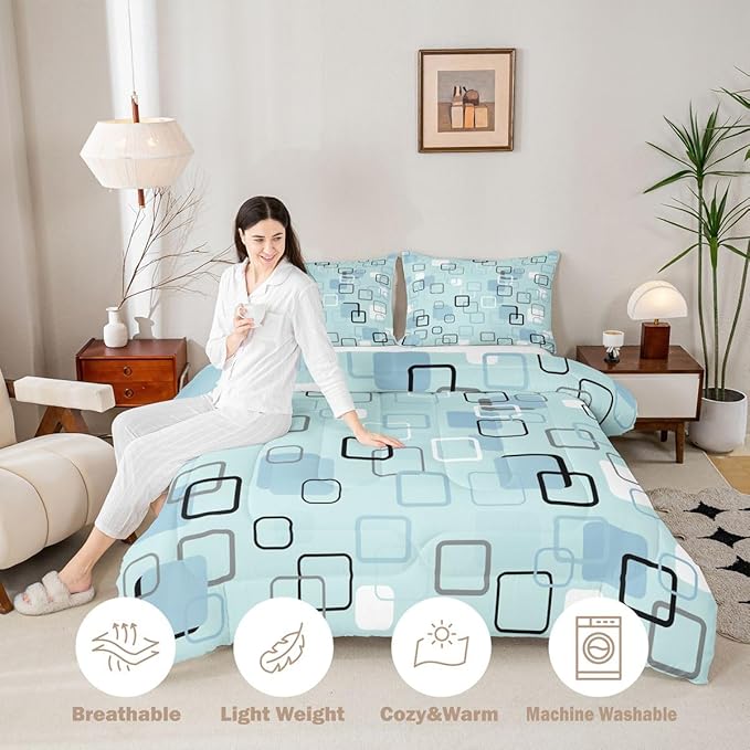 Erosebridal Aqua Geometric Square Bedding Set Queen Modern Stripes Aesthetic Comforter Set for Kids Girls Boys Modern Gradient Ombre Down Comforter Soft Teal Grid Quilt Duvet