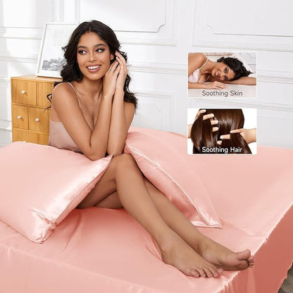THXSILK Luxury Mulberry Silk Bed Sheets Set - 3pcs Silk Sheets Set 16" Deep Pocket - 1 Fitted Sheet, 1 Flat Sheet, 1 Pillowcase with Zipper Closure - Twin-XL, Charming Pink