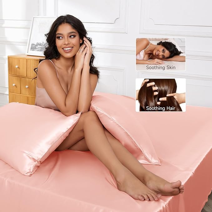 THXSILK Luxury Mulberry Silk Bed Sheets Set - 3pcs Silk Sheets Set 16" Deep Pocket - 1 Fitted Sheet, 1 Flat Sheet, 1 Pillowcase with Zipper Closure - Twin, Charming Pink