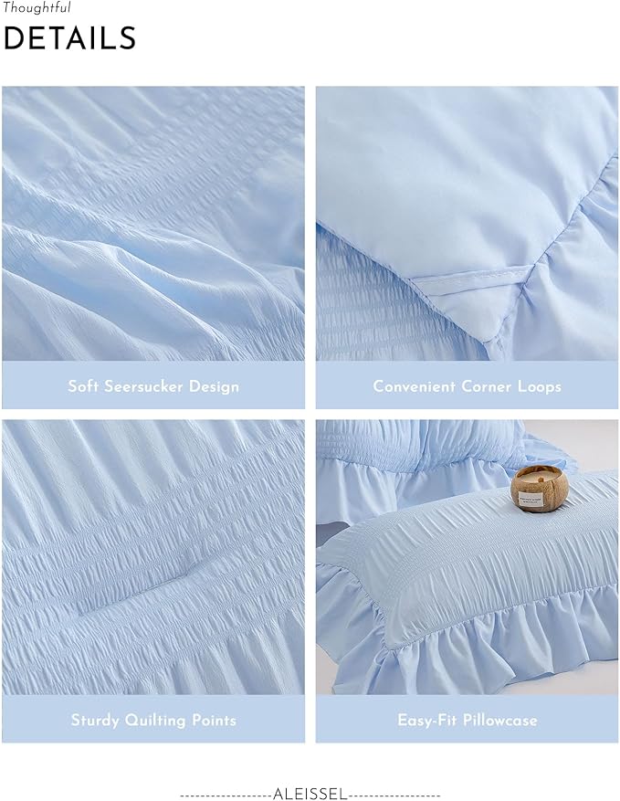 Light Blue Queen Comforter Set, Seersucker Vintage Comforter Ultra-Soft Blue Bedding Set Queen Size 3 Piece Set, Down Alternative Lightweight Comforter Set (Blue, Queen 90"x90")