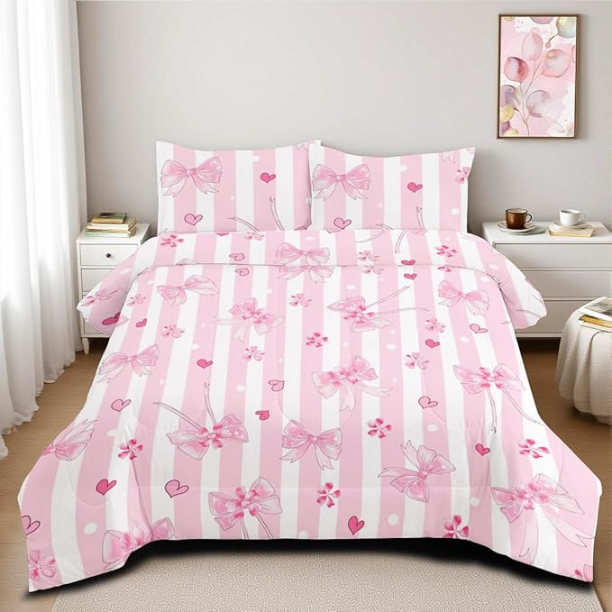 Pink Bow Comforter Set Queen Pink White Striped Bedding Set Girls Coquette Bedding Soft Lightweight Princess Style Comforter with 2 Pillowcases
