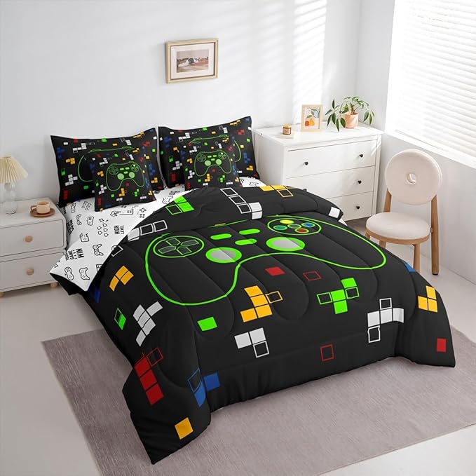 Miner Video Games Bedding Sets Full Size,Gamer Gamepad 7Pcs Comforter Set,Kids Boys Girls Room Decor,Neon Green Pixelated Geometric Bed in a Bag Black White Reversible Flat Fitted Sheet,2 Pillowcases
