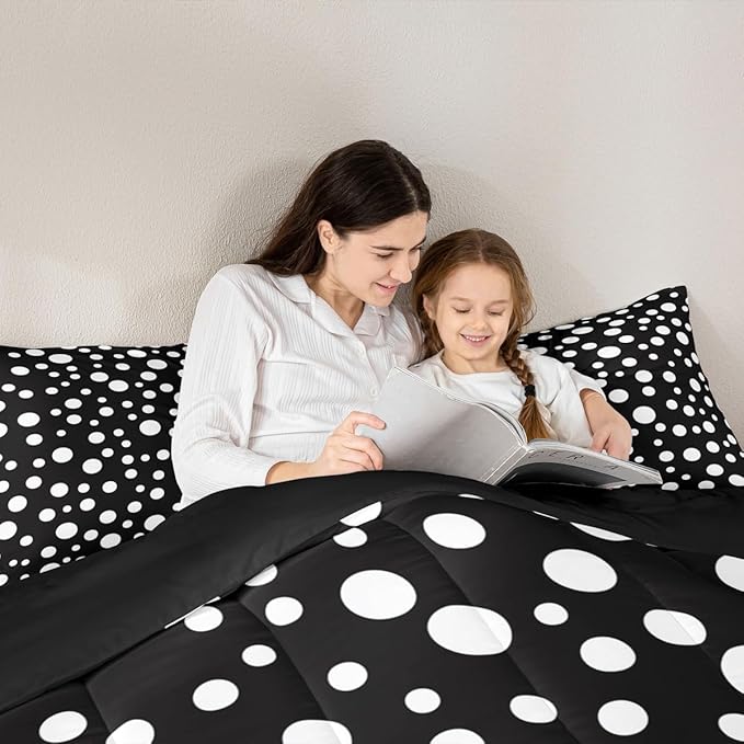 Manfei White Polka Dots Comforter Set Twin Size,French Style Cute Dots Print Bedding Set 2 Pcs for Boys Girls,Geometric Circles Black White Simple Comforter,1 Pillowcase
