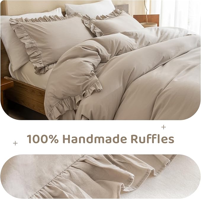 Sanracie Queen Comforter Sets, Cotton Ruffled Boho Comforter Set Queen 3 Pieces Linen Feel Farmhouse Vintage Shabby Boho Chic Bedding Soft Lightweight Bed Set for All Season