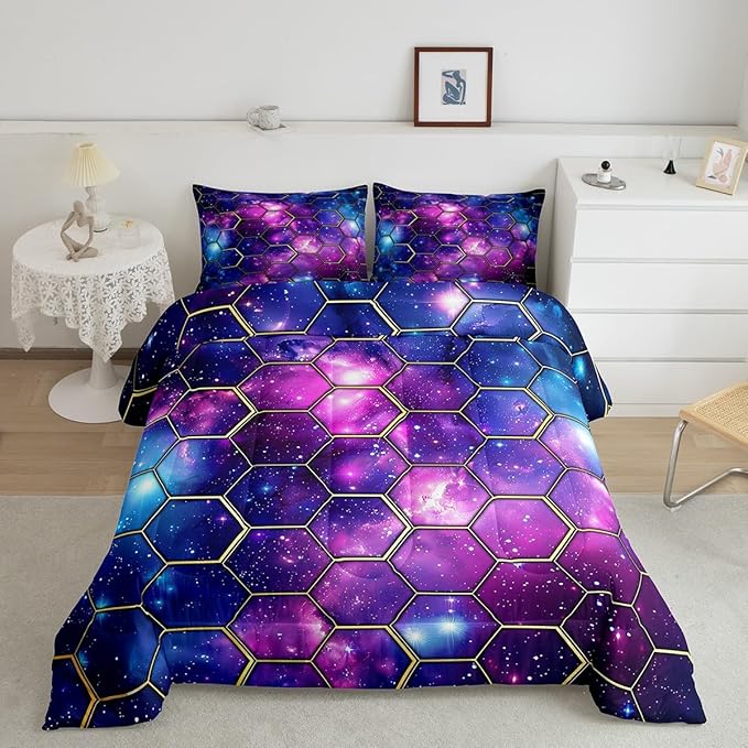 Manfei Blue Purple Galaxy Comforter Set Full Size, Geometric Hexagon Print Bedding Set 3pcs, Yellow Honeycomb Space Down Comforter for All Season, Kids Boys Girls Room Decor, 2 Pillowcases