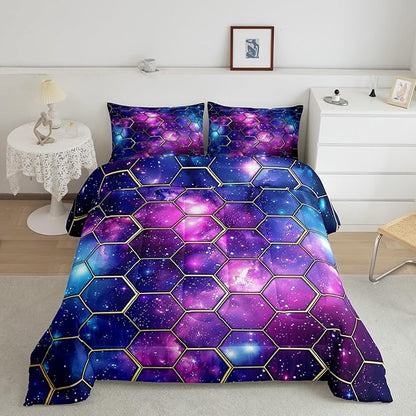 Manfei Blue Purple Galaxy Comforter Set King Size, Geometric Hexagon Print Bedding Set 3pcs, Yellow Honeycomb Space Down Comforter for All Season, Kids Boys Girls Room Decor, 2 Pillowcases