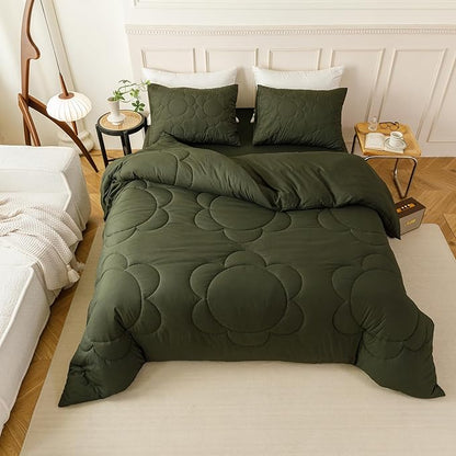 CLOTHKNOW Army Green Floral Comforter Set Full 3Pcs Daisy Puff Bedding Comforter Sets Dark Green Comforter King Size Hunter Green Boho King Size Comforter Set