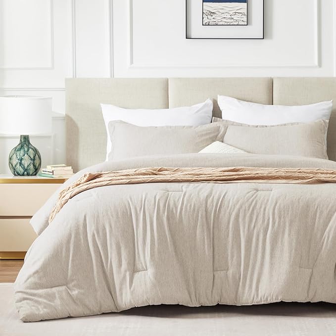 CozyLux Oversized Queen Comforter Set, 3 Pieces 98x98 Beige Soft Luxury Cationic Dyeing Bedding All Season, Lightweight Breathable Fluffy Bed Sets with 1 Alternative Comforter and 2 Pillow Shams