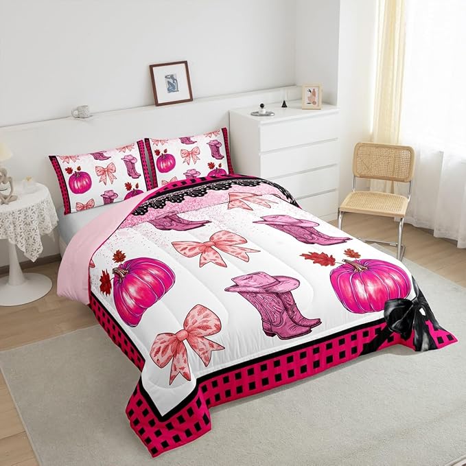 Erosebridal Pink Kawaii Cowgirl Bedding Comforter Sets King for Kids Girls Teen Women,Western Cowboy Boots Hat Bedding Set Cute Bowknot Pumpkin Comforter Set,Plaid Decor Quilt Duvet 2 Pillow Cases