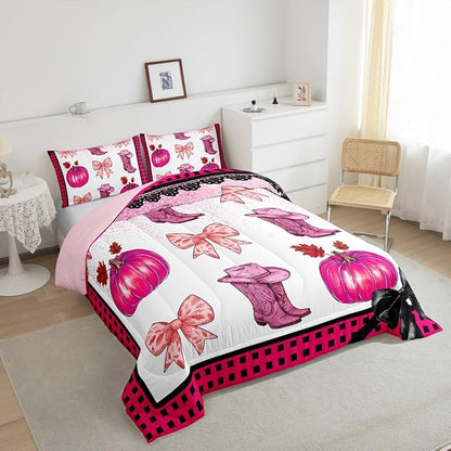 Erosebridal Pink Kawaii Cowgirl Bedding Comforter Sets King for Kids Girls Teen Women,Western Cowboy Boots Hat Bedding Set Cute Bowknot Pumpkin Comforter Set,Plaid Decor Quilt Duvet 2 Pillow Cases