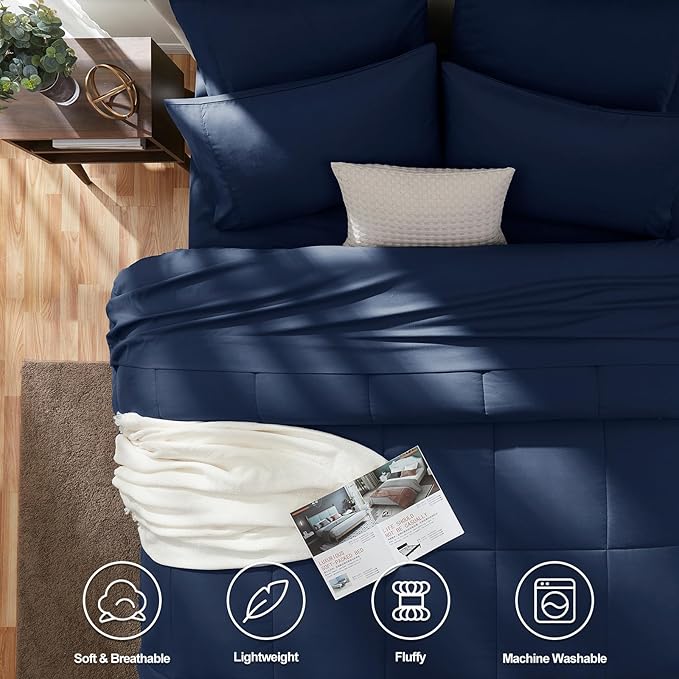 CozyLux King Size Comforter Set Navy Blue, 7 Pieces Bed in a Bag, Navy Blue Comforter King Size, All Season Bedding Sets with Stitch Quilted Comforter, Flat Sheet, Fitted Sheet, Pillowcases