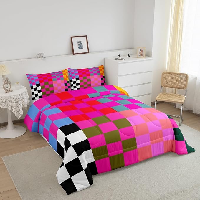 Feelyou Multicolored Checkered Retro Bedding Set Kids Boys Girls Geometric Vintage Comforter Set Toddler Size Black Red Purple Duvet Insert Modern Simple Groovy Aesthetic Room Decor
