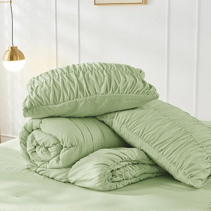 Bonlino Oversized King Comforter Set Bedding - Ruched Sage Green Comforter King Bed Set Boho Shabby Chic Bedding for Bedroom Comforter Fluffy 3 Piece Ruffle Comforter Set Green Luxury Bedding