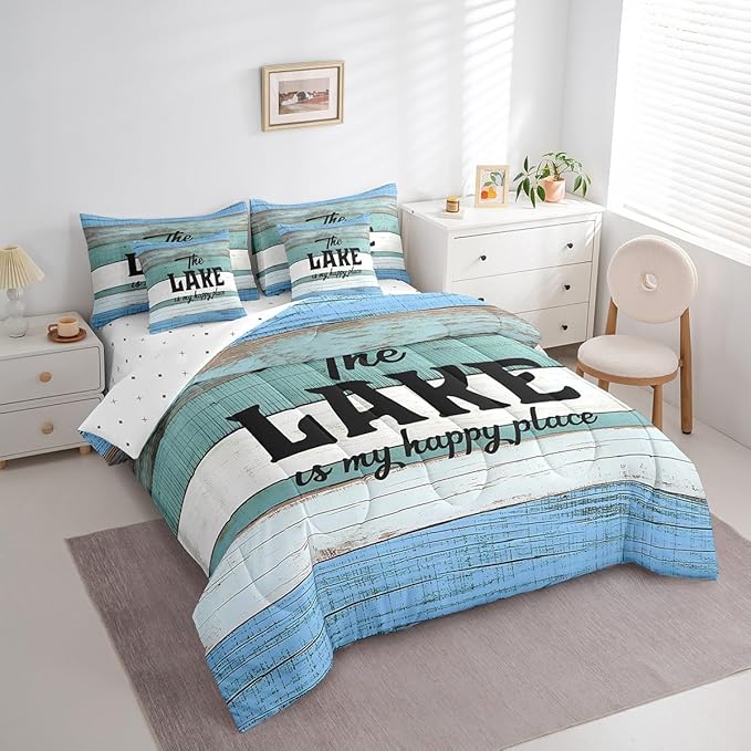 King Size Lake House Comforter Sets with Sheets 7-Piece Vintage Lake Themed Comforter Set Bed-in-a-Bag Rustic Old Barn Door Wooden Decor Bedding Sets with Sheets, Pillowcases and Throw Pillow Covers