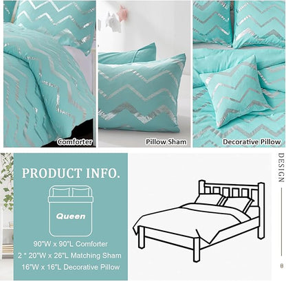 Menghomeus Aqua Comforter Set Queen Size Metallic Teal and Silver Bed Comforter 4 Piece Soft Microfiber Bedding for Teen Girls Women (2 Pillow Shams + 1 Decorative Pillow Sham)
