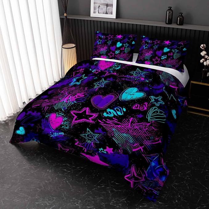 Purple Stars Comforter Set King Size,Galaxy Starry Printed Bedding Set,Purple Stars Room Decor with Soft and Lightweight Comforter and 2 Pillowcases