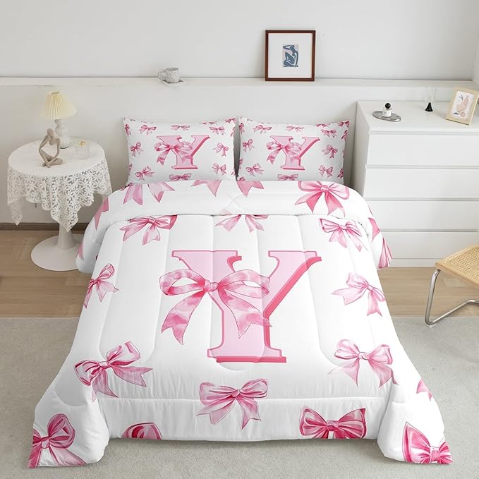 Erosebridal Initial Y Letter Comforter Set Kawaii Princess Bowknot Girls Toddler Bedding Set Dreamy Romantic Bow Bedding Comforter Sets Princess Style Bowknot Quilt Duvet for Kids Teen Women