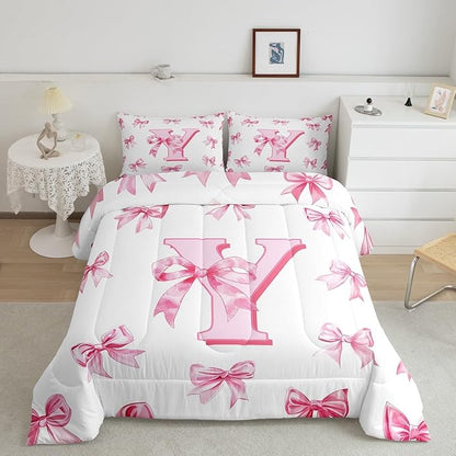 Erosebridal Initial Y Letter Comforter Set Kawaii Princess Bowknot Girls Queen Bedding Set Dreamy Romantic Bow Bedding Comforter Sets Princess Style Bowknot Quilt Duvet for Kids Teen Women