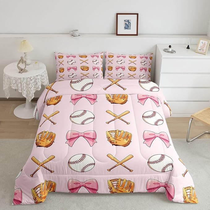 Castle Fairy Bow Baseball Down Comforter Queen Size,Baseball Bat Gloves Bedding Sets 3Pcs for Kids Girls Boys Women Room Decor,Girl Sports Games Quilted Duvet Kawaii Pink Bedspread,2 Pillowcases