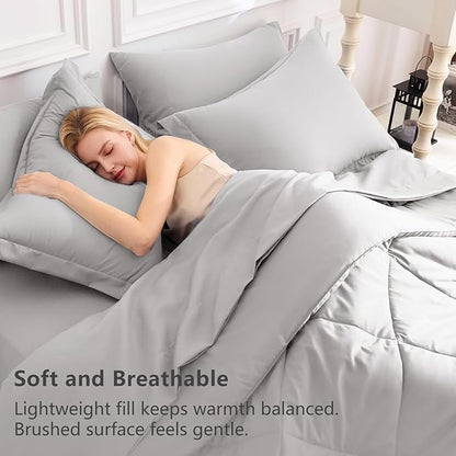 CozyLux Queen Comforter Set French Grey - Bed in a Bag Queen Size 7 Pieces, Luxury Soft Bed Set for All Seasons, Bedding Set with Down Alternative Comforter, Sheets, Pillowcases & Shams