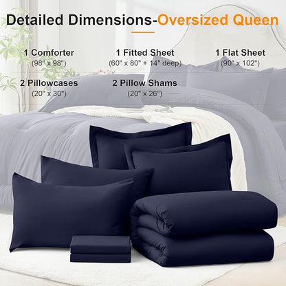 Oversized Queen Comforter Set 7 Pieces - Ultra-Soft Bed in a Bag, Cozy Luxury All Season Bedding Sets with Comforter, Flat Sheet, Fitted Sheet, 2 Pillow Shams & 2 Pillowcases, Navy Blue