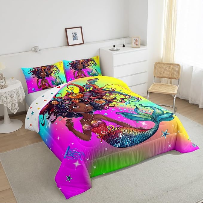 Erosebridal Gothic Mermaid Twin Comforter Set for Girls,Black Girls Bedding Set Afro Girl Quilt,American African Princess Magical Down Comforter for Toddler Kids,Ocean Jellyfish Cute Room Decor