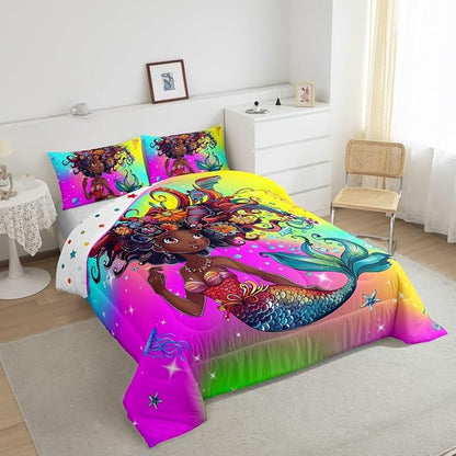 Erosebridal Gothic Mermaid Twin Comforter Set for Girls,Black Girls Bedding Set Afro Girl Quilt,American African Princess Magical Down Comforter for Toddler Kids,Ocean Jellyfish Cute Room Decor