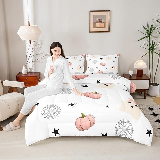Erosebridal Kids Halloween Ghost Queen Bedding Set, Pink Pumpkin Comforter Set for Girls Boys Teens Women Cute Halloween Decor, Funny Ghost Spider Web Comforter Star Quilt