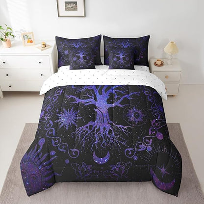 Feelyou Bohemian Tree Bedding Set with Comforter, King Size 7Pcs Purple Galaxy Tree Comforterative Sun Moon Bed in a Bag with Comforter, Astrology Space Room Decor