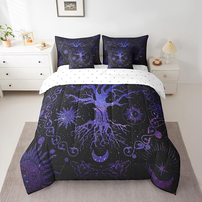 Feelyou Bohemian Tree Bedding Set with Comforter, Twin Size 7Pcs Purple Galaxy Tree Comforterative Sun Moon Bed in a Bag with Comforter, Astrology Space Room Decor