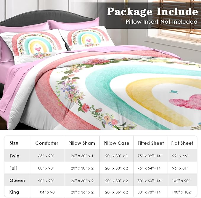 Comforter Set Full Size, Cute Heart Pink Rose 7 Pcs Bedding for Kids and Adults, Rainbow Leaves Vintage Bed Sheet Sets with Fitted Sheet 2 Pillowcases & 2 Shams for Bedroom Bed Decor