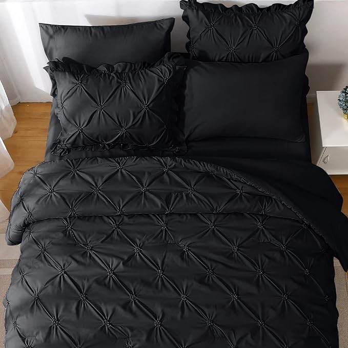 JOLLYVOGUE Black Twin Size Comforter Sets 5 Pieces, Pintuck Bed in a Bag Comforter Set for Bedroom, Bedding Comforter Sets with Comforter, Sheets,Ruffled Shams & Pillowcases
